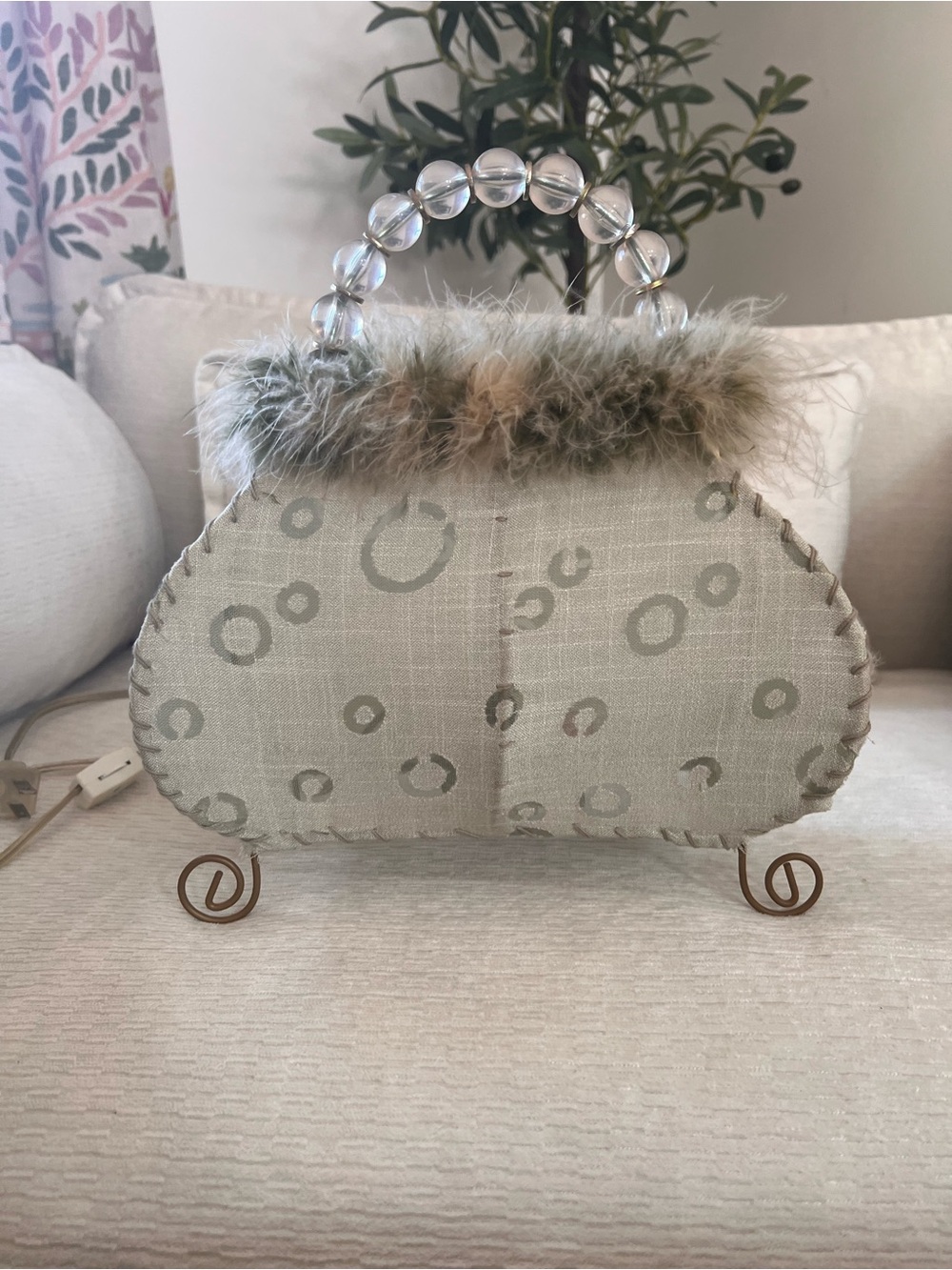 Vintage Green Faux-Fur Accent Handbag Shape Lamp With Clear Bead Handle